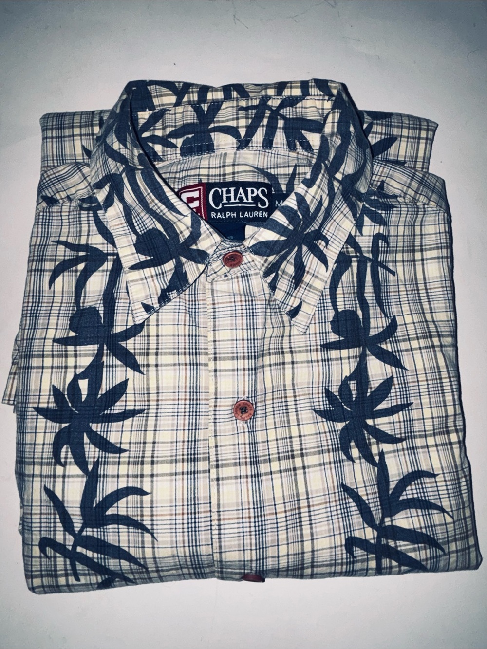 Chaps Men's Cream Plaid Button-Down Shirt with Navy Floral Overlay